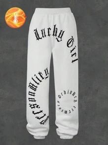 SHEIN Explorewe Tween Girls Asymmetrical Text Print Sweatpants - White - View 7