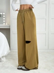 SHEIN EZwear 女士新款酸洗破洞抽绳腰阔腿运动裤 - 咖啡棕 - 查看 3