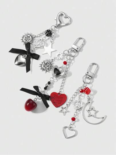 Kawaii 3 pezzi Set di portachiavi di moda Y2K con pendenti in argento di alta qualità in stile gotico con luna, stella, cuore, nappa e farfalla, adatto per sorelle, fidanzate, coppie, amici per uso quotidiano e regali per le vacanze