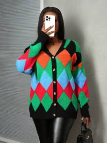 Slaydiva Nuevo suéter/chaqueta de mujer de manga larga con cuello en V, de ajuste holgado y estampado argyle, colores variados para otoño/invierno 2024 - A