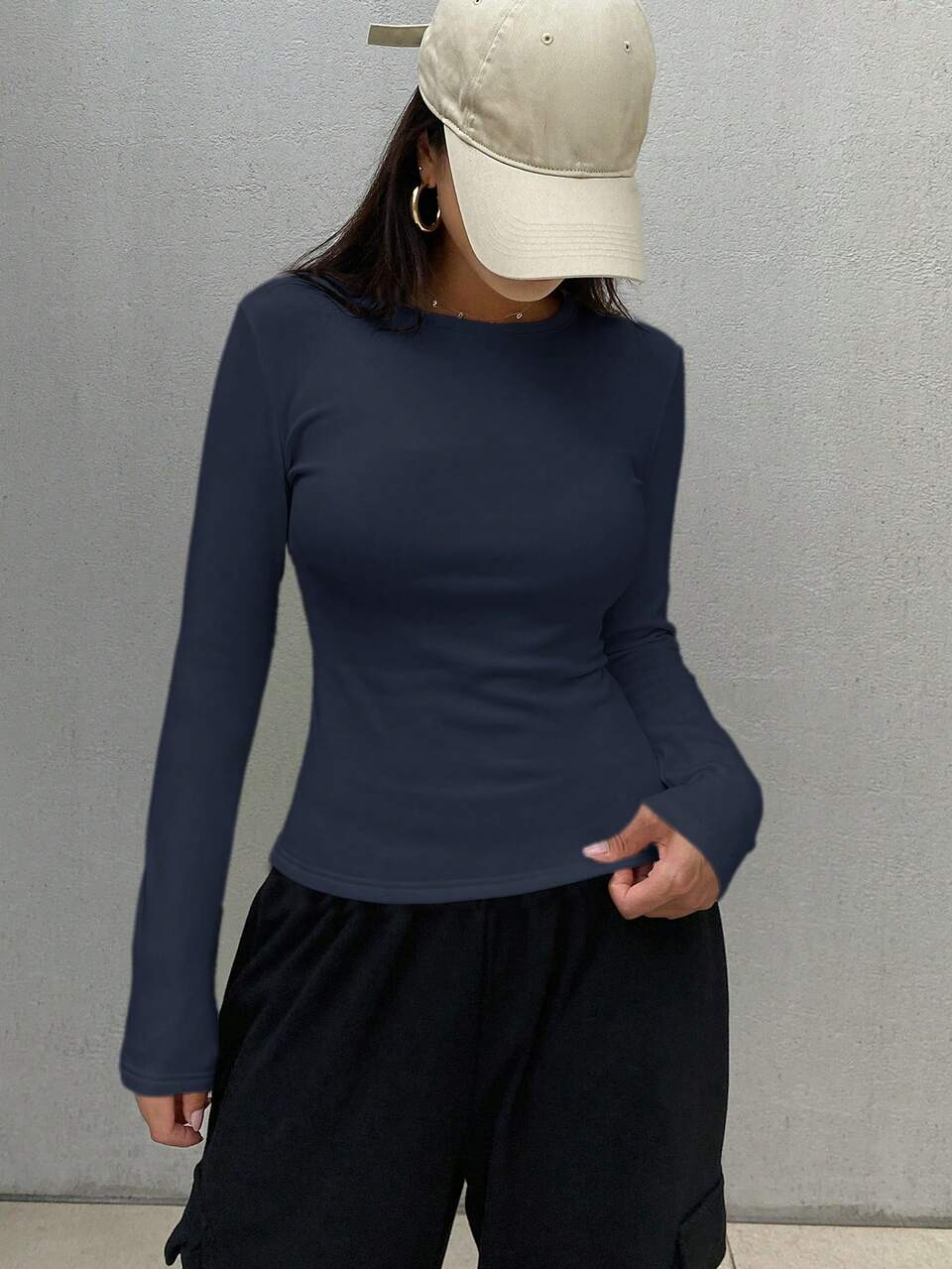 Women's Casual Solid Color Thermal Lined Base Layer T-Shirt, Autumn/Winter Preppy Tops Long Sleeve Everyday Navy Blue
