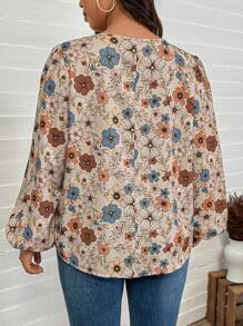 SHEIN LUNE Camisa con estampado floral de manga farol informal para tallas grandes, adecuada para conjuntos de estilo boho, vaquera, hippie, bohemio y occidental para mujer en otoño, verano y primavera, especialmente para festivales, vacaciones de primavera y raves.