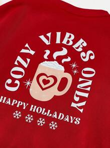 SUMWON Holiday Sweatshirt Cozy Vibes Print Festive Mug Design Christmas Winter Fleece Pullover Snowflake Pattern Holiday Season Loungewear