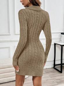 SHEIN Clasi Collared Long Sleeve Knit Sweater Dress, Comfortable - Khaki - View 2