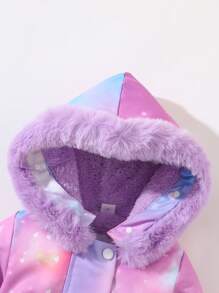 SHEIN Playful Pals Baby Girls Infant Casual Cute Hooded Long Sleeve Cinched Waist Loose Rainbow Unicorn Print Fluffy Collar Fleece Thicken Warm Winter Jacket - Purple - View 7