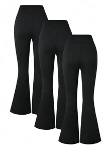 3pcs/Set Tween Girls' Flare Leg Black Pants, Versatile Casual Wear For Spring & Summer, School, Campus, College