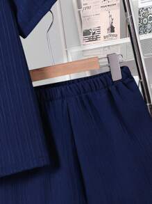 2pcs Teenage Boy Textured Fabric Shirt With Western Stitch Print & Matching Shorts, Spring & Summer Set - Dark Wash - View 6