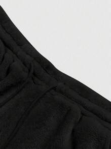 Manfinity Roghcode Manfinity Streetrush Men's Letter Embroidered Drawstring Waist Fluffy Sweatpants, Plush Fleece For Warmth, Coral Fleece, For Rave, Fall/Winter - Black - View 5