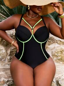 Slaydiva Plus Size 1pc Tankini z krzyżującymi się ramiączkami spaghetti i fiszbinami, jednoczęściowy kostium kąpielowy z kontrolą brzucha na wypoczynek na plaży, basenie, latem - Czarne - Zobacz 4