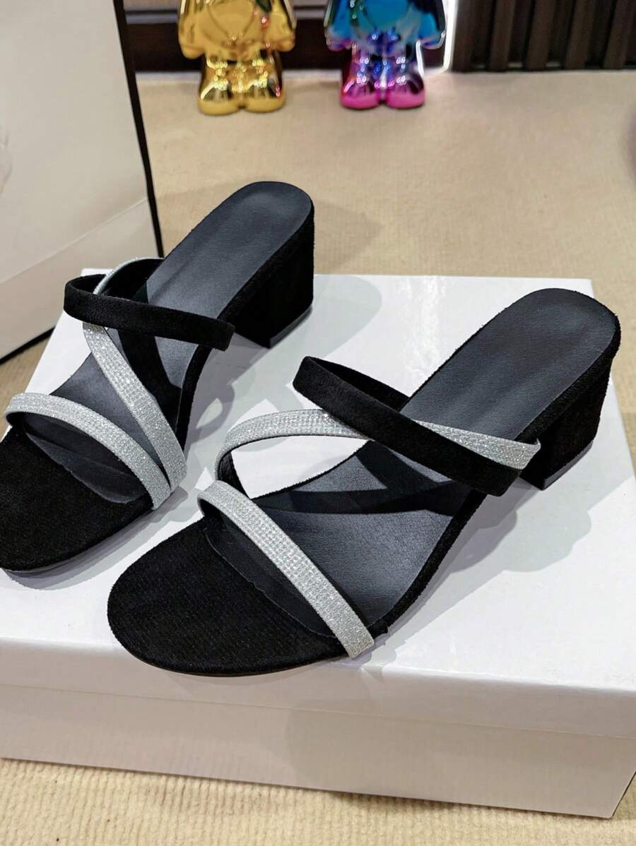 Teens Casual Square Toe Rhinestone Embellished High Heel Slip-On Campus Sandals - Black - View 1