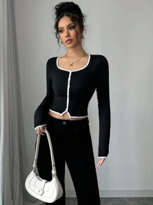Elenzga 女士黑白拼色装饰纽扣修身 T 恤，优雅时尚 - 黑色 - 查看 5