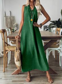 Breezaya 女士纯色 V 领无袖长款宽松休闲连衣裙长款女装
