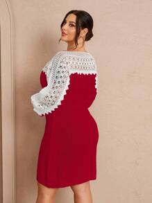 Celure Plus Size Elegante Color Block Kant Patchwork Asymmetrische Kraag Getailleerde Trui Jurk Voor De Herfst