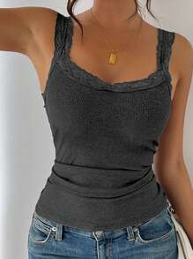 INAWLY Kích thước lớn Màu thuần Ren Vá lại Thon gọn Áo ba lỗ Áo - màu đen - Xem 4