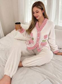 Dream Adore Pocket Bowknot Tulip Embroidery Contrast Trim Long Sleeve Pajama Set For Women