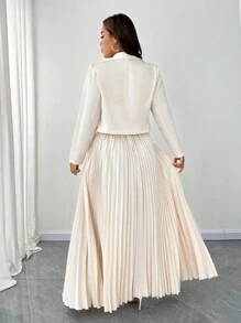 SHEIN Unity 2pcs Autumn Women Solid Color Lapel Long Sleeve Blazer Top And Pleated Skirt Set - Apricot - View 5