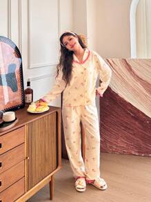 SHEIN 2pcs Teen Girl Floral Pattern Ruffled Collar Long Sleeve Top And Straight Leg Loose Fit Pajama Pants Set