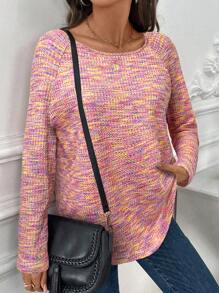 SHEIN LUNE T-shirt rose à manches longues et col rond basique pour femmes, automne/hiver