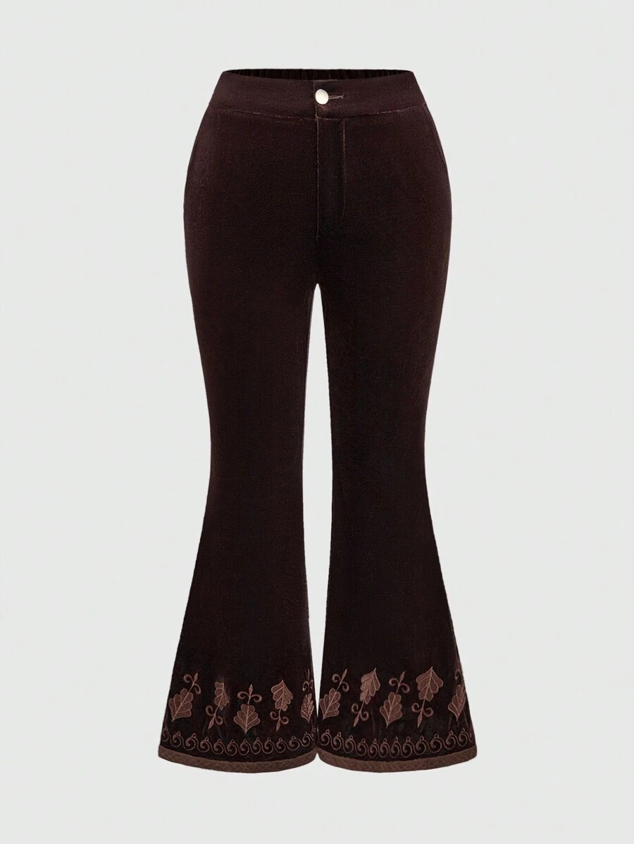 ROMWE Plus Size Women Hippie Style Floral Embroidered Flare Pants - Brown - View 1
