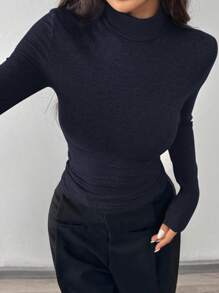 SHEIN EZwear Navy Blue Knitted Women Tight Fit T-Shirt, Minimalist Fashionable Casual Daily Wear