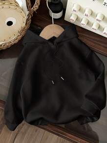 SHEIN EZwear 休闲简约“享受”图案印花宽松连帽卫衣（女款） - 黑色 - 查看 2