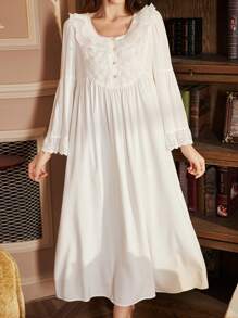 PalaceNights 3D Rose Ruffle Edge Open Front Round Neck Extremely Loose Flare Sleeve Women Nightgown Babydoll Luxe Loungewear, Moo Moo, Fall