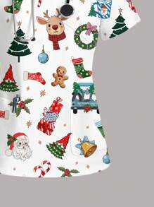 PopScrub Christmas Nurse Cute Christmas Printed Pocket Short-Sleeved V-Neck Scrub Top Comfortable And Practical Nurse Fashionable Women's Top, Casual Minimalist All-Over Print Women's Fitted Uniform Scrub Top