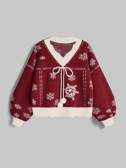 Kawaii Vintage Schneeflocken-Jacquard V-Ausschnitt Fellpullover Pullover für Damen, Weihnachten, Herbst/Winter