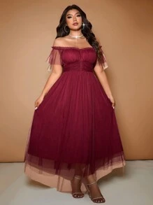 Allurite 1 件大码女士优雅新年派对透明露肩中长连衣裙酒红色长款女士服装 - 酒紅色 - 查看 1
