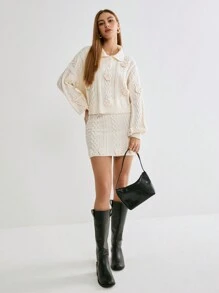 Enchnt 1 szt. Elegancki sweter damski w jednolitym kolorze z 3D kwiatowym wzorem, jesień - Beżowy - Zobacz 3