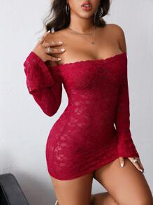 INAWLY Đầm trễ vai màu trơn gợi cảm cho nữ - Màu Đỏ Sâu - Xem 6