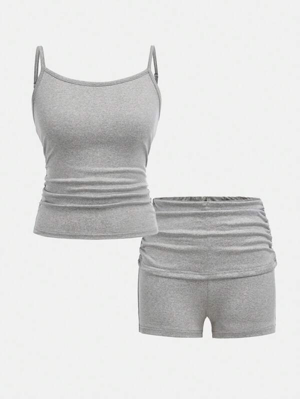 SHEIN Wildeya 2er Set für Teenager Mädchen, vielseitiger Spitzen-Träger und Shorts Set, geeignet für Zuhause und Outdoor, Frühling und Sommer