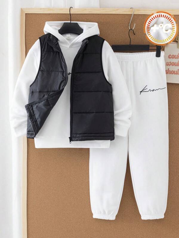 Conjunto de 3 piezas de ropa de invierno para niño preadolescente: Chaleco con cremallera + Sudadera con capucha + Pantalón de chándal con estampado de letras
