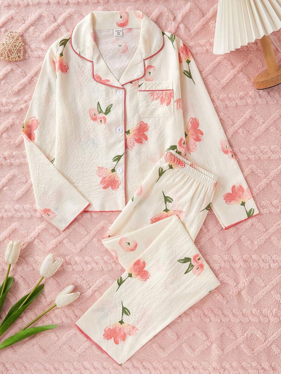 2 件女童休闲印花长袖开衫和长裤家居服套装 - 彩色 - 查看 1