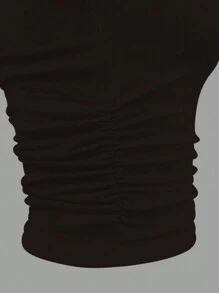 INAWLY 女士纯色不对称领口褶皱无袖修身衬衫 - 棕色 - 查看 4