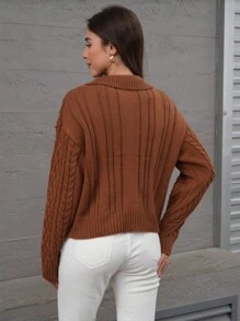 INAWLY Women's Autumn/Winter Turtleneck Zip-Up Retro Ribbed Knitted Cardigan Sweater - Khaki - View 2