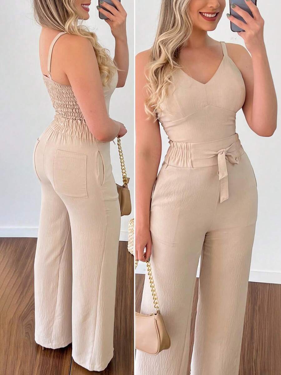 EMERY ROSE Ladies' Solid Color Basic Spaghetti Strap Top And Pants Set For Daily Wear - Apricot - View 1