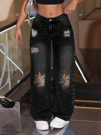 女式复古做旧宽松直筒牛仔裤