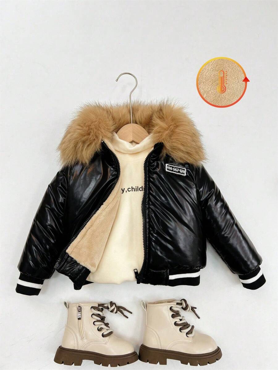 Young Boy Casual Fluffy Collar Padded Long Sleeve Jacket, Loose Fit, Distinctive Design, Warm & Breathable, Suitable For Winter Outdoor Play, Schoolyard, Etc.