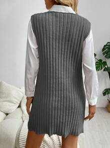 SHEIN LUNE Váy len dệt kim cổ chữ V không tay màu trơn đơn giản cho nữ, mùa thu/đông - Xám - Xem 2