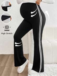 SHEIN Maternity Adjustable Waist Side Striped Flare Casual Pants - Black - View 1