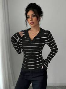 Selianne V领条纹修身毛衣，休闲时尚，适合日常穿着，针织套头衫，秋冬季款