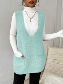 Chiquease Women's Solid Color V-Neck Sleeveless Sweater Vest With Pocket - Mint Green - View 1