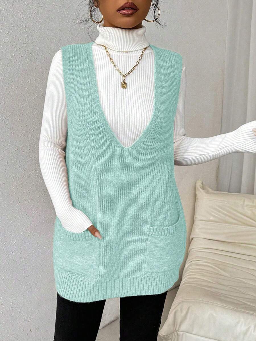 Chiquease Women's Solid Color V-Neck Sleeveless Sweater Vest With Pocket - Mint Green - View 1
