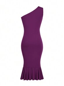 EMERY ROSE Ladies' Solid Color One Shoulder Waist Buttons Ruffle Hem Split Hem Elegant Dress Maxi Women Outfit - Purple - View 2