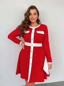 SHEIN Privé Plus Size Women Christmas Red & White Graphic Print Round Neck Splicing Long Sleeve Dress