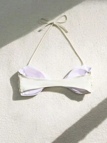 Women's Ivory Minimalist Shell Pattern Sexy Halter Neck Bow Bikini Top Summer - White - View 4