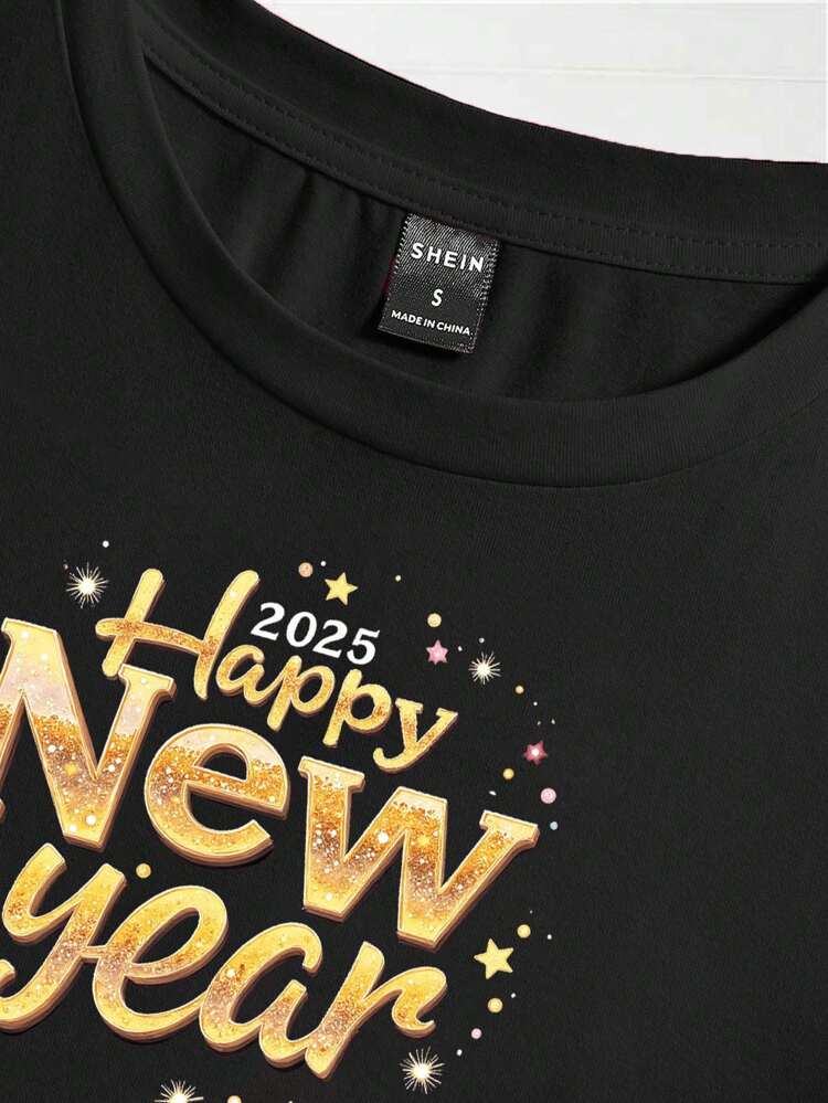 Women New Year Holiday Casual Simple Round Neck Short Sleeve T-Shirt, Suitable For Autumn/Winter