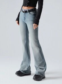 LYSMO Women's Pocketed Flare Loose Casual Versatile Denim Jeans