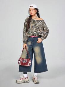 SHEIN Áo thun dài tay rộng rãi cổ bất đối xứng in hình cành cây cho bé gái tuổi teen, mùa thu - Nhiều màu - Xem 2